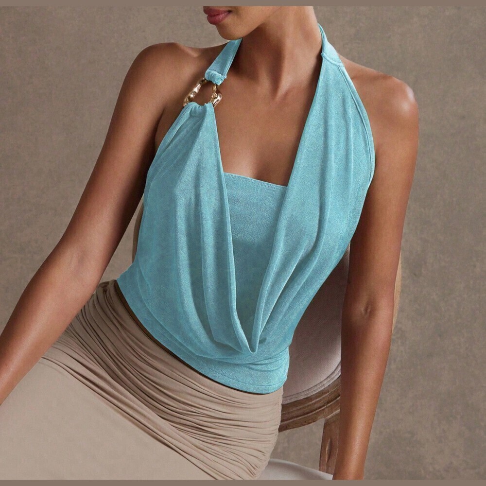 Aqua Blue Halter Top with Gold Ring Detail